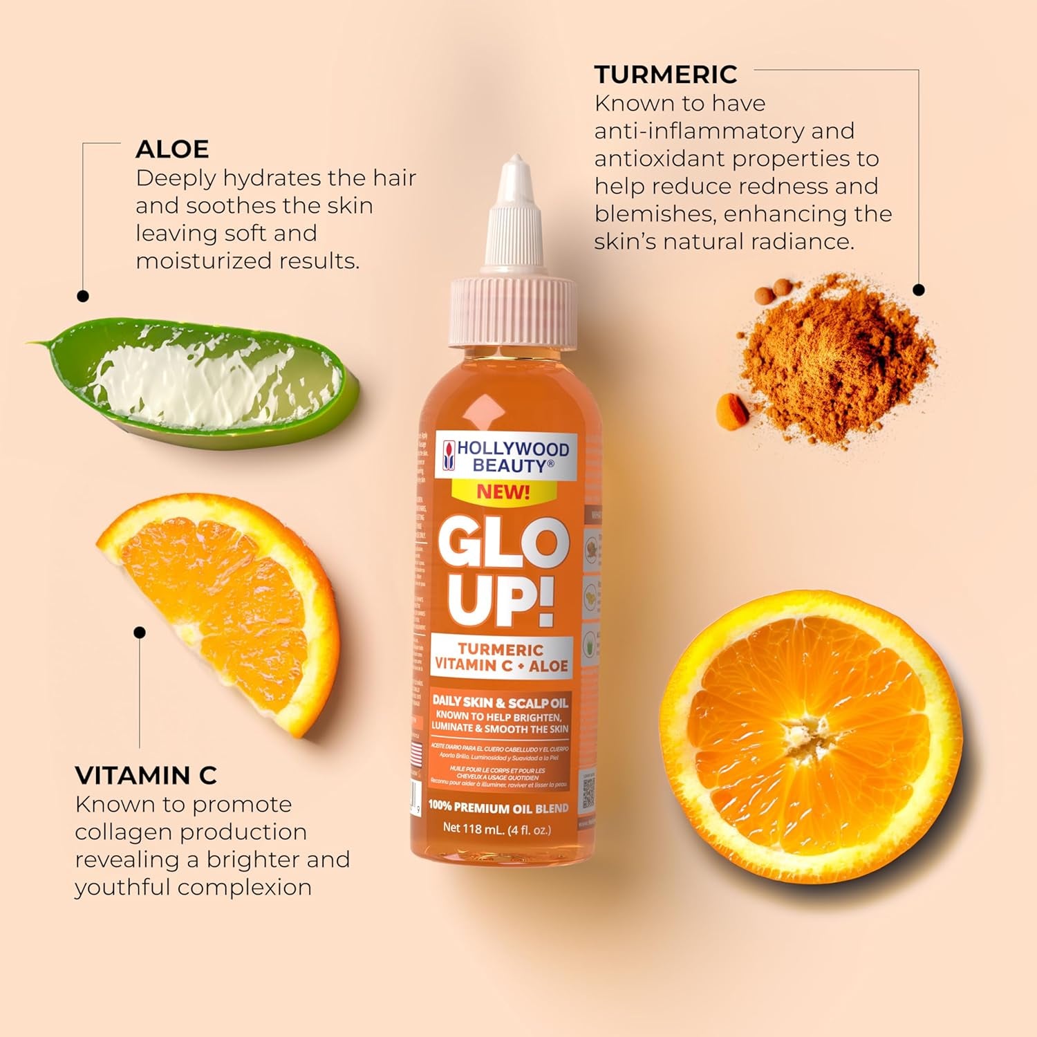 Glo Up! Daily Skin & Scalp Oil with Turmeric, Vitamin C, and Aloe, 4 Fl Oz